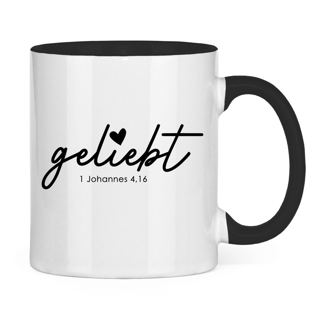Tasse zweifarbig Geliebt Johannes 4,16 Schwarz