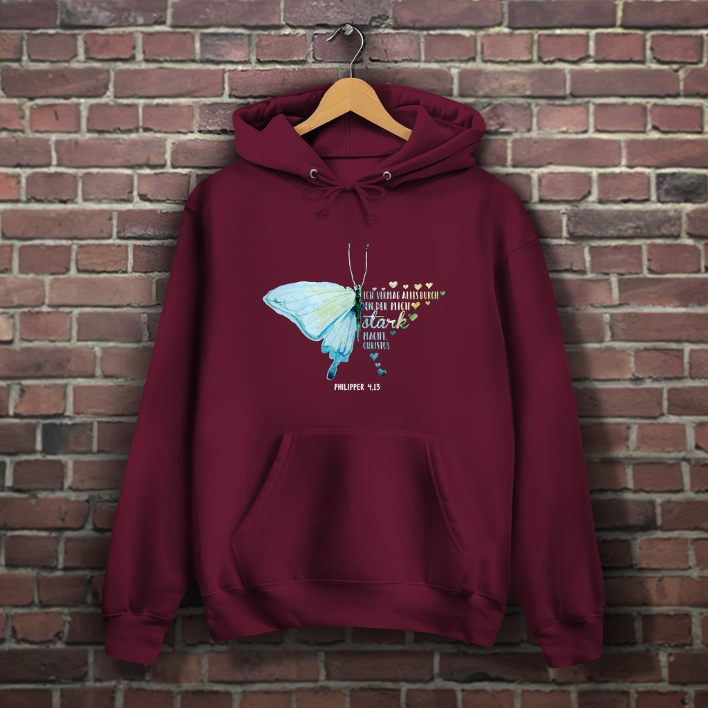 Ich bin stark durch Christus Philipper 4,13 Schmetterling - Christlicher Damen Hoodie