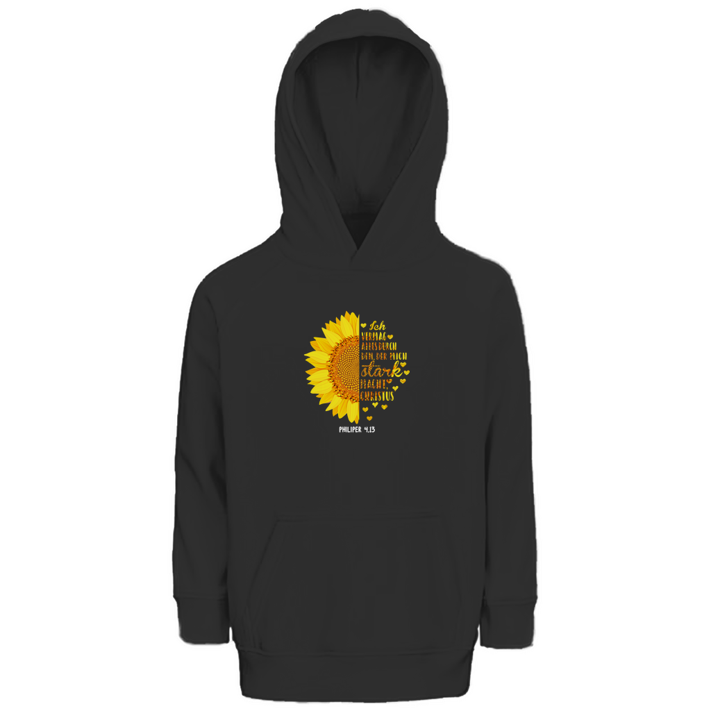Ich bin stark durch Christus Philipper 4,13 Sonnenblume Kinder Premium Bio Hoodie