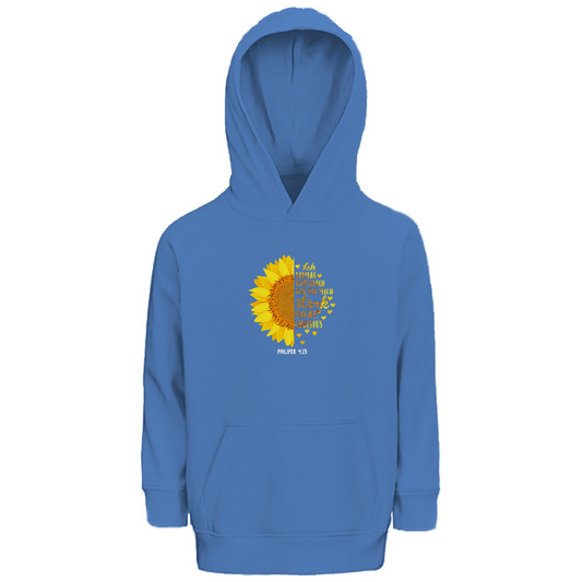 Ich bin stark durch Christus Philipper 4,13 Sonnenblume Kinder Premium Bio Hoodie