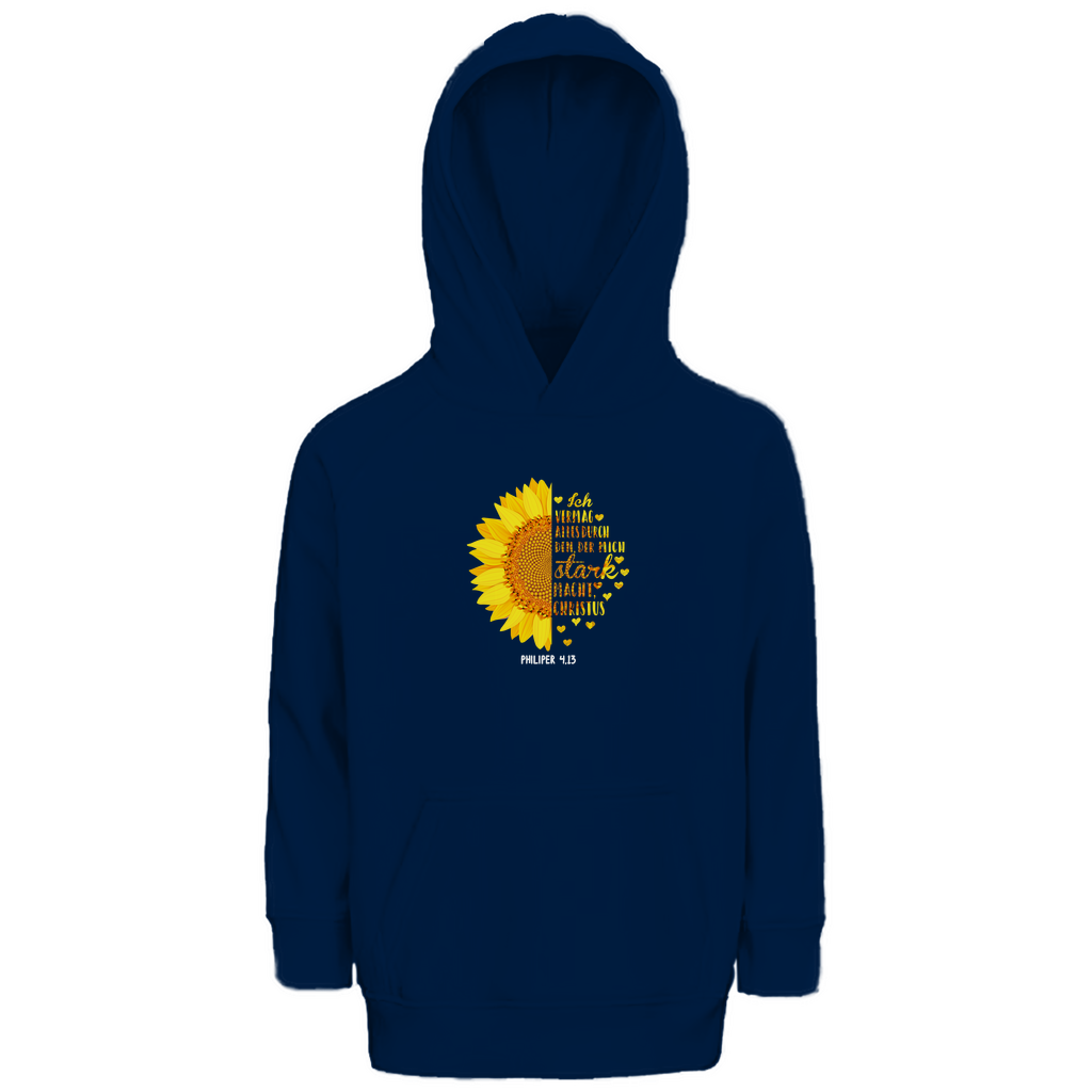Ich bin stark durch Christus Philipper 4,13 Sonnenblume Kinder Premium Bio Hoodie