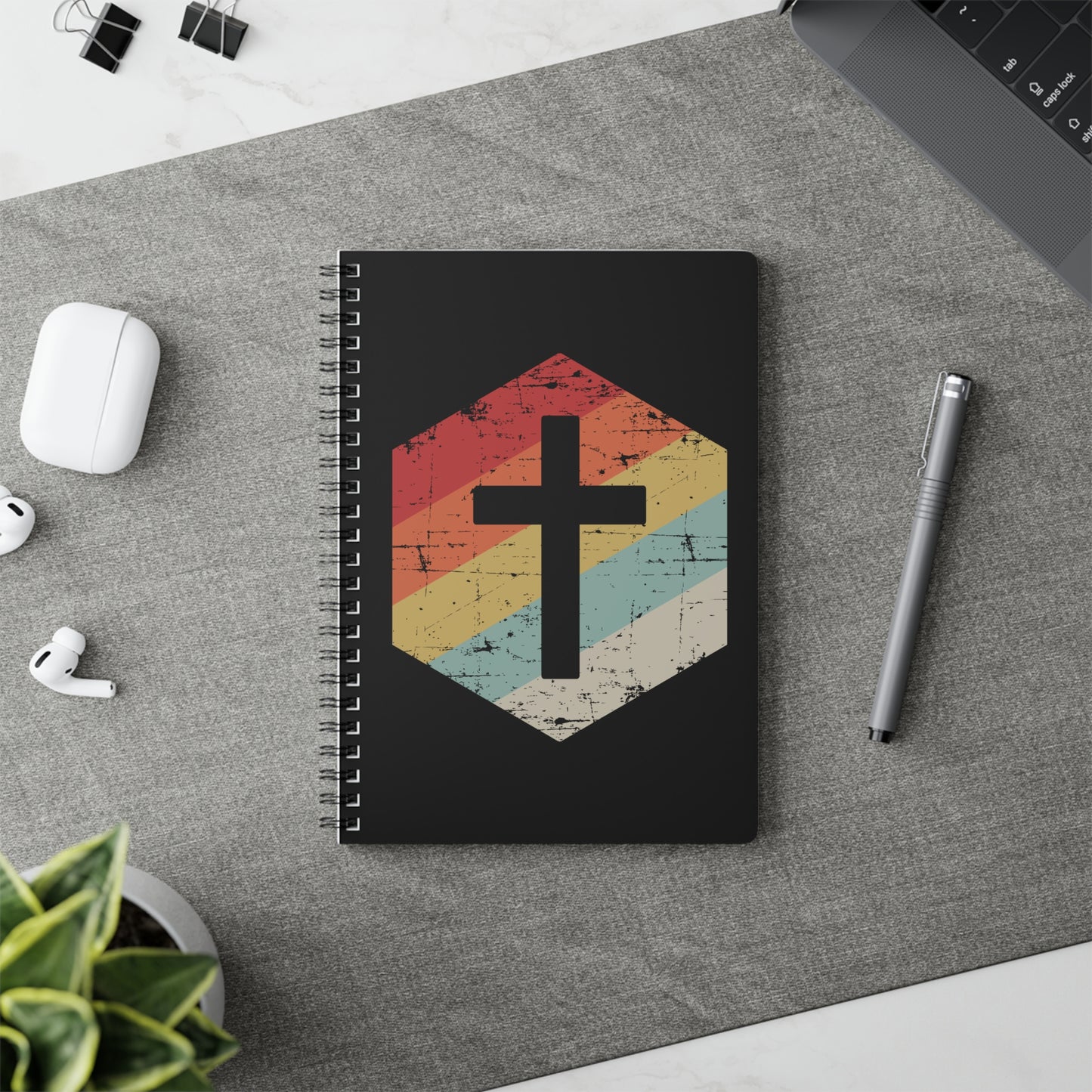 Retro Kreuz | Christliches Notizbuch Schwarz | Christliche Geschenke | Gesegnet
