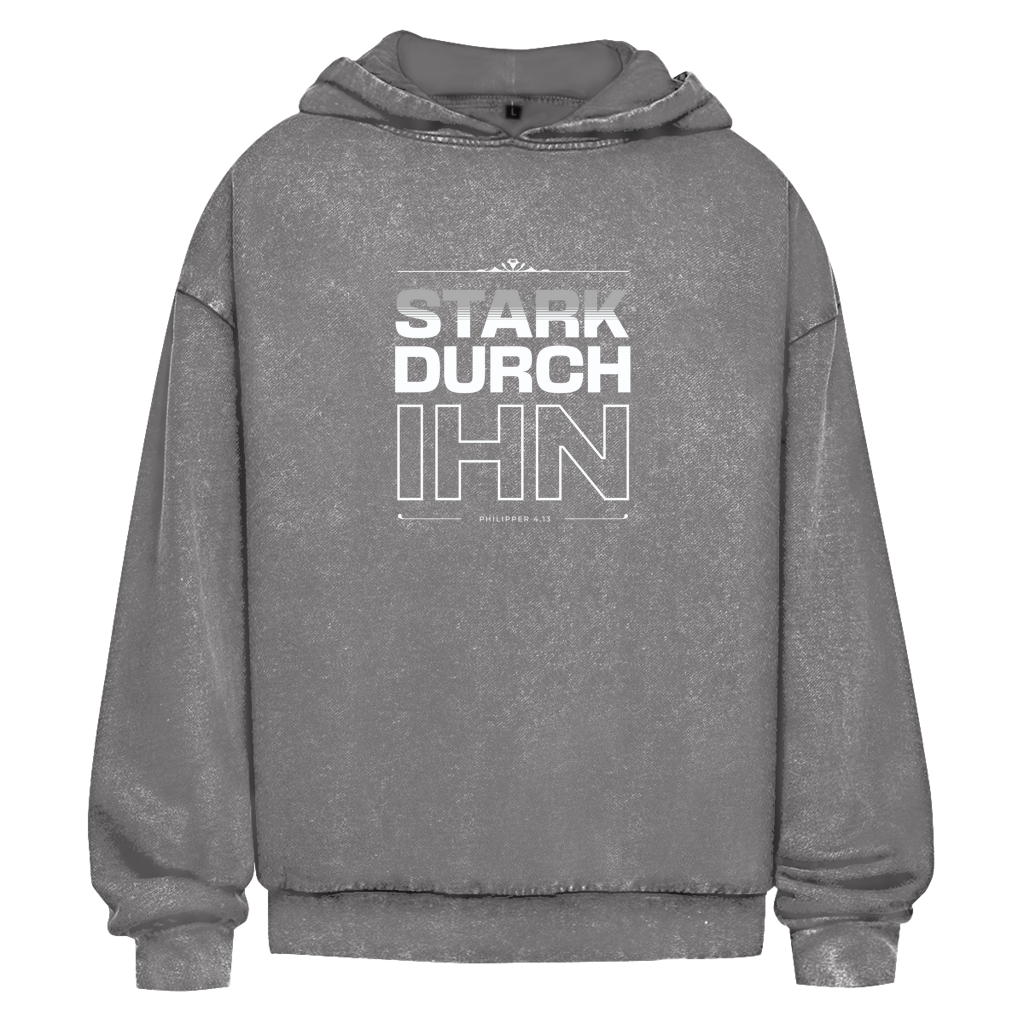 Stark durch Ihn | Christlicher Oversize Washed Hoodie | Christliche Hoodies | Gesegnet