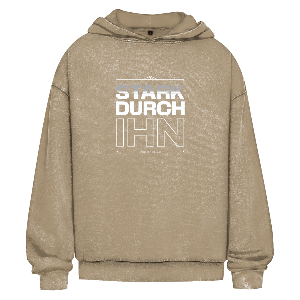 Stark durch Ihn | Christlicher Oversize Washed Hoodie | Christliche Hoodies | Gesegnet