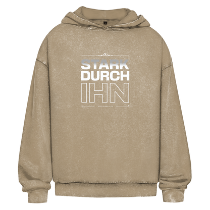 Stark durch Ihn | Christlicher Oversize Washed Hoodie | Christliche Hoodies | Gesegnet