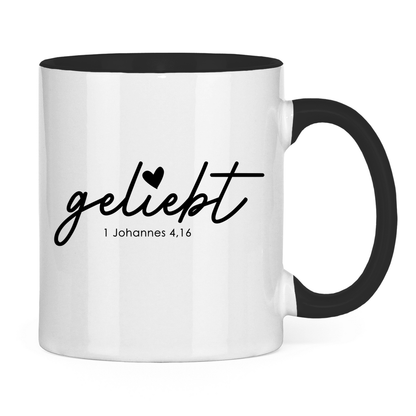 Tasse zweifarbig Geliebt Johannes 4,16 Schwarz