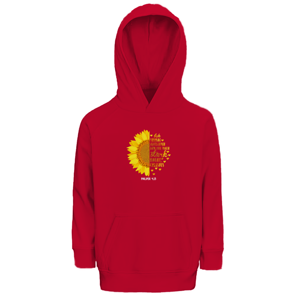 Ich bin stark durch Christus Philipper 4,13 Sonnenblume Kinder Premium Bio Hoodie
