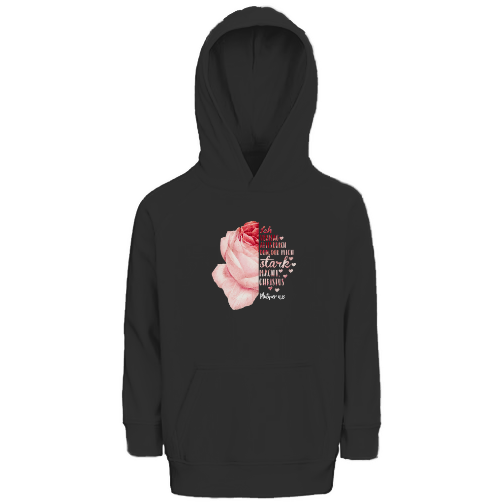 Ich bin stark durch Christus Philipper 4,13 Rose Kinder Premium Bio Hoodie